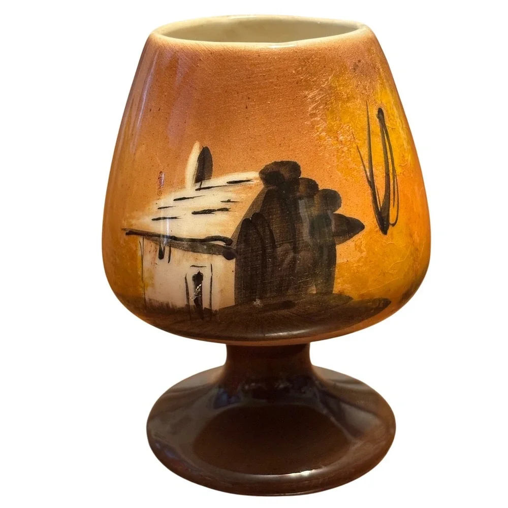 Vintage Hand Painted Portugal Ceramic Snifter Vase Rustic‎ Cottage Scene Brown